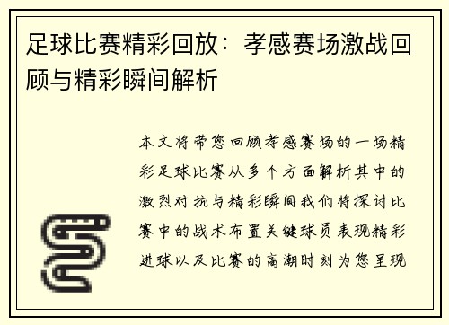 足球比赛精彩回放：孝感赛场激战回顾与精彩瞬间解析